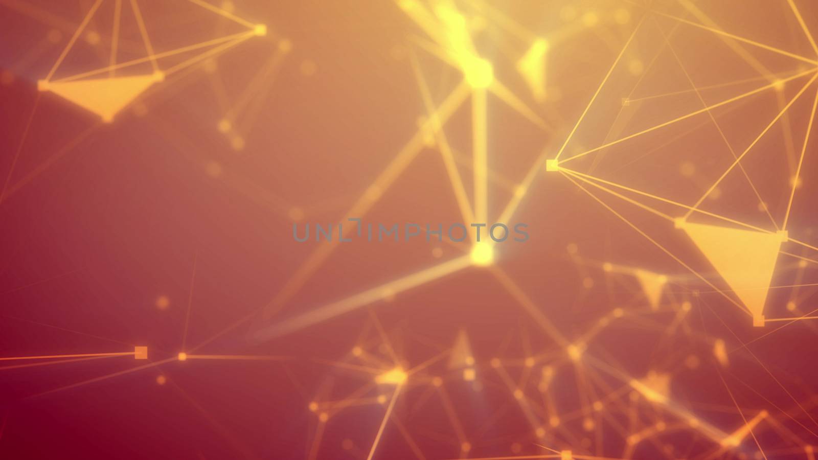 Salient 3d rendering of the dark orange cyberspace pierced with light yellow rays and connecting with each other in some shining spots and sparkling crystal-sided surfaces 