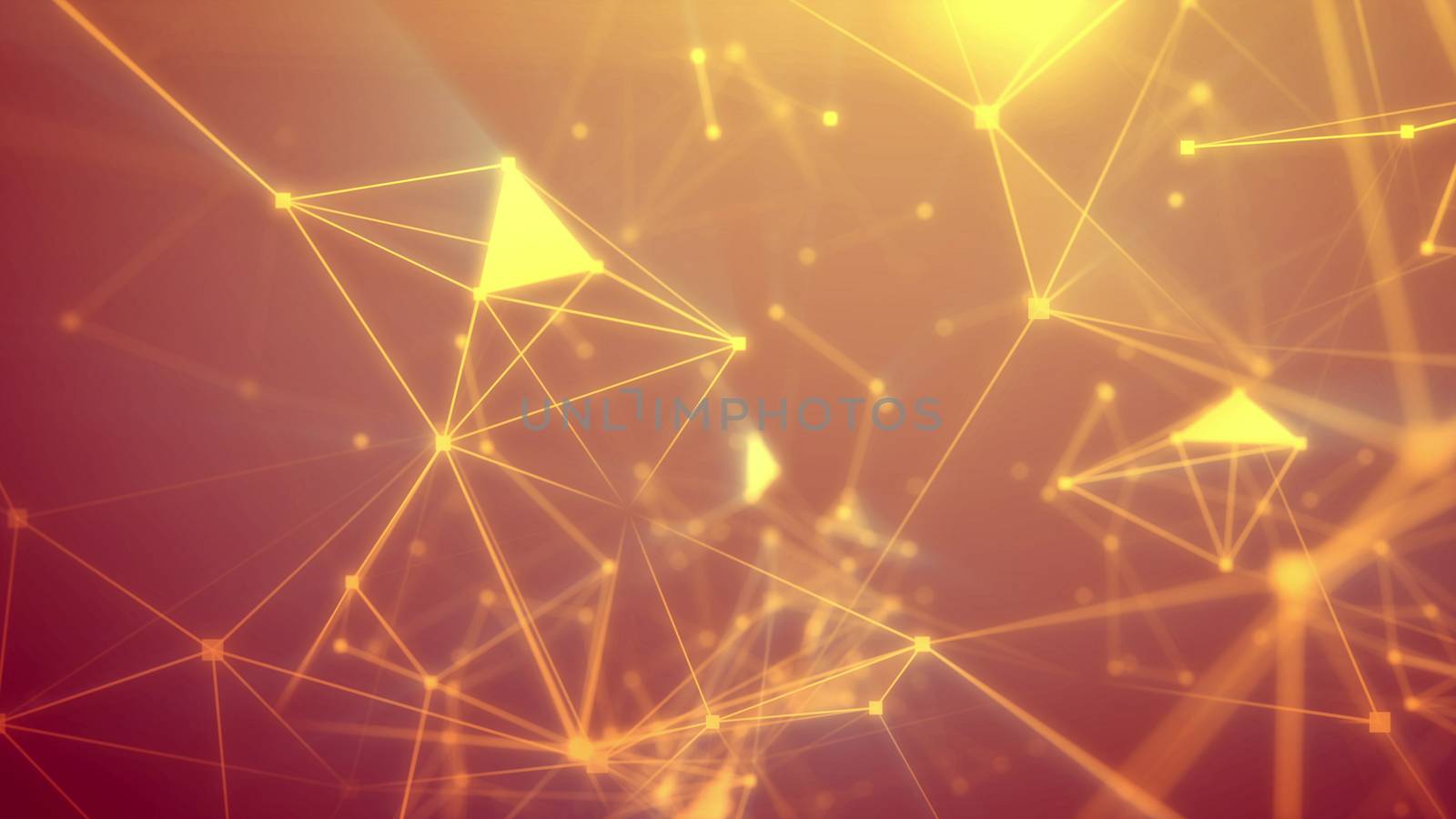Geek looking 3d illustrationof the dark orange  Internet based space pierced with light yellow rays and connecting with each other in some luminous spots and sparkling crystal-sided surfaces 