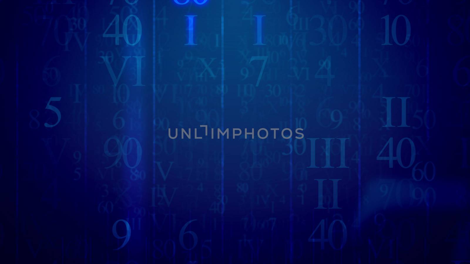 Futuristic 3d illustration of electronic light blue Latin and Arabic digits having different shapes and radiant in the dark blue background like mass medial e-mails in some sci-fi cyber reality