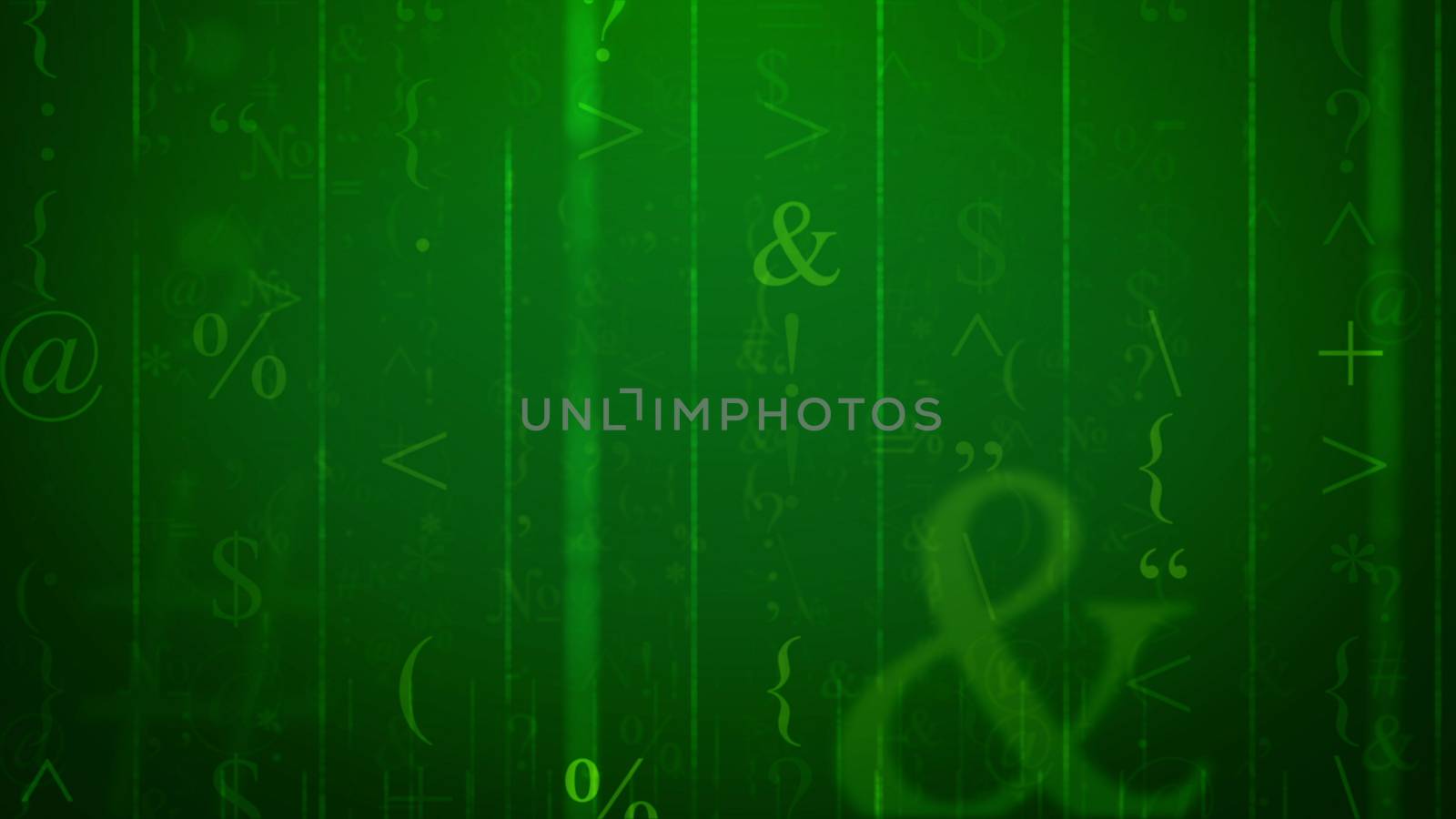 3d rendering of an electronic letter with at-sign, ampersand sign, round, curly and angle brackets , some digits,colons, semicolons,  quillemets, quotation marks, in the dark green background