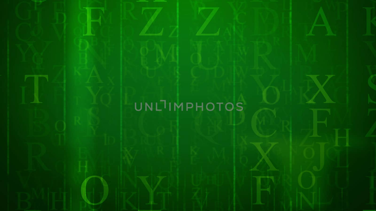 Volumetric  3d  illustration of an electronic mail in cyberspace  with yellow English letters, beaming thin and thick lines, colums, rows,  in the dark green and mulrilayered background