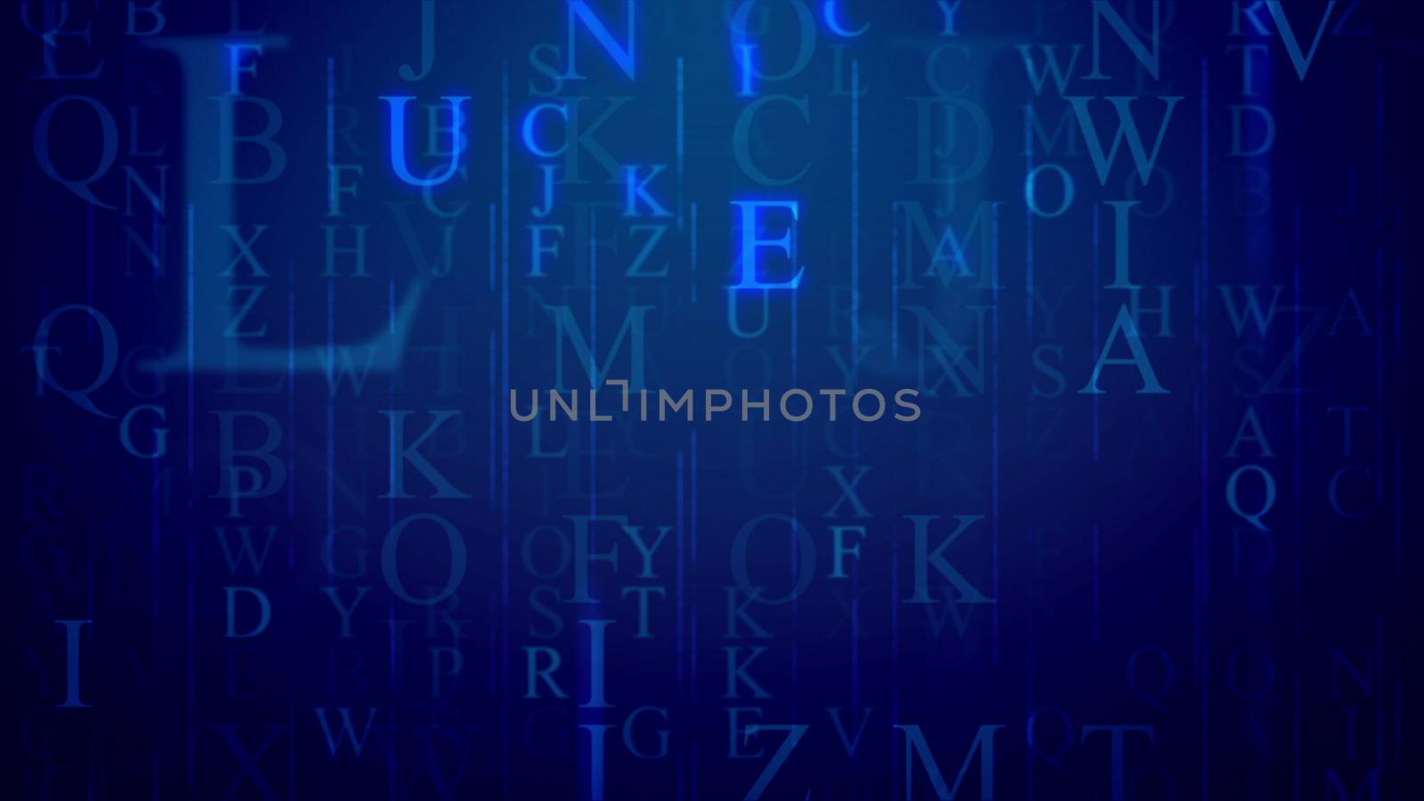 Abstarct  3d rendering of an electronic mail with shining English letters,sparkling thin ans thick lines, of different sizes and shapes in the dark blue background