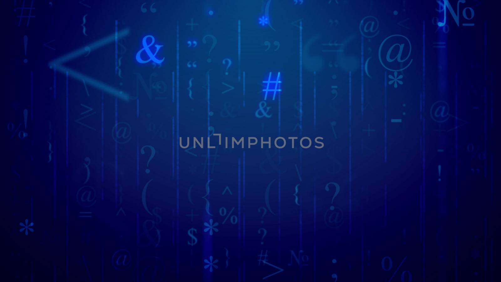 3d ilustration of an electronic letter with at-sign, ampersand sign, round, curly and angle brackets, tilde, some digits, colons, semicolons, quillemets, and so on, in the dark green background