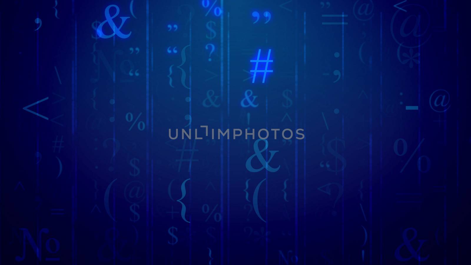 3d ilustration of an electronic mail with at-sign, ampersand sign, percent, round, curly and angle brackets, tilde, some digits, colons, semicolons, dollar, and so on, in the dark violet background