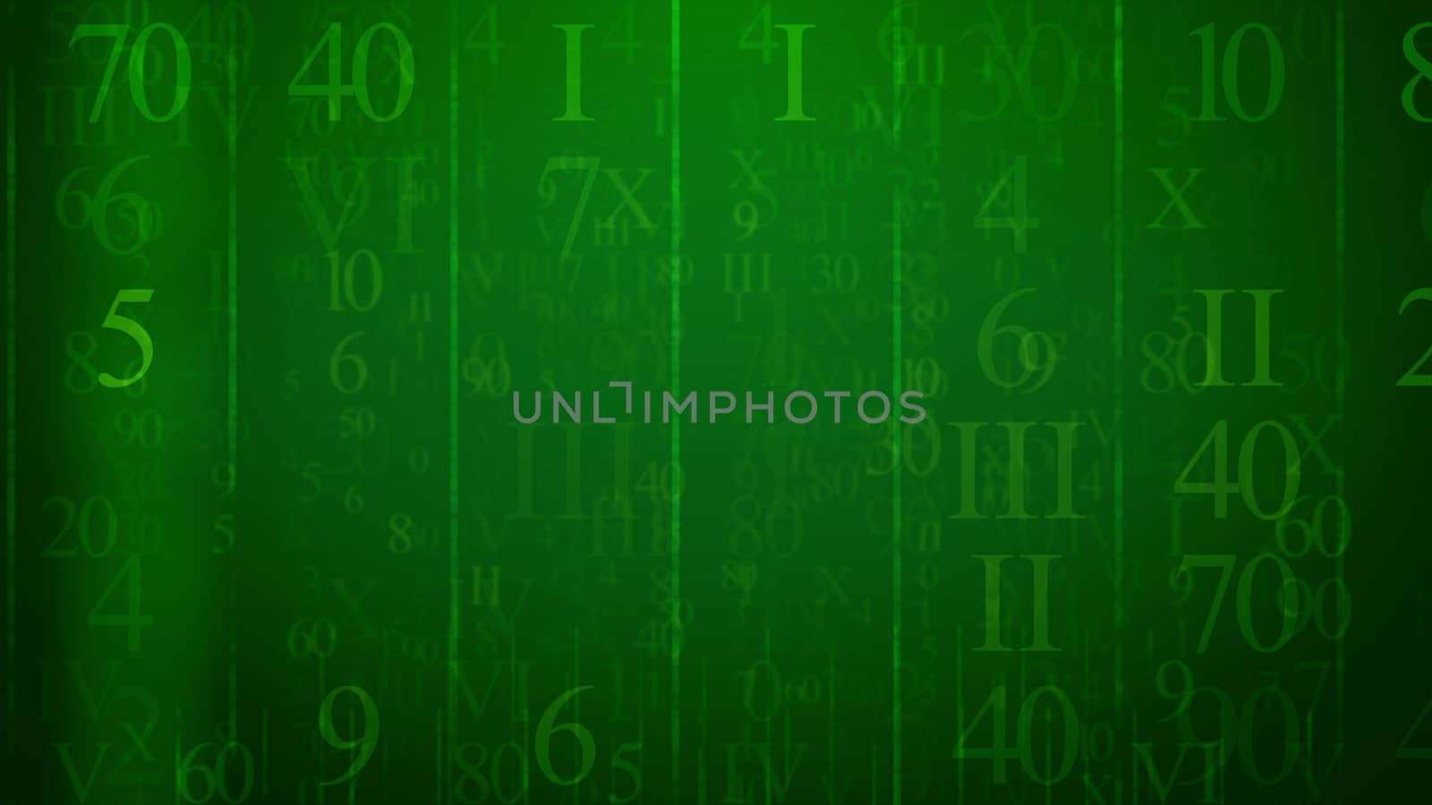 Holographic 3d rendering of a futuristic e mail with shimmering Arabic and Latin digits, dazzling thin and thick lines, of different sizes and shapes, in the dark green cyberspace background