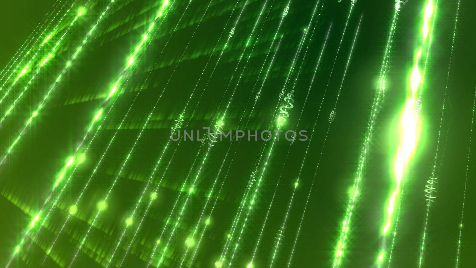 3d illustration of a futuristic cyberspace with plazmoids, spirals, curves, lines, arcs, and blemishes s connected in a number of sparkling networks shot aslant in the dark green cyberspace background