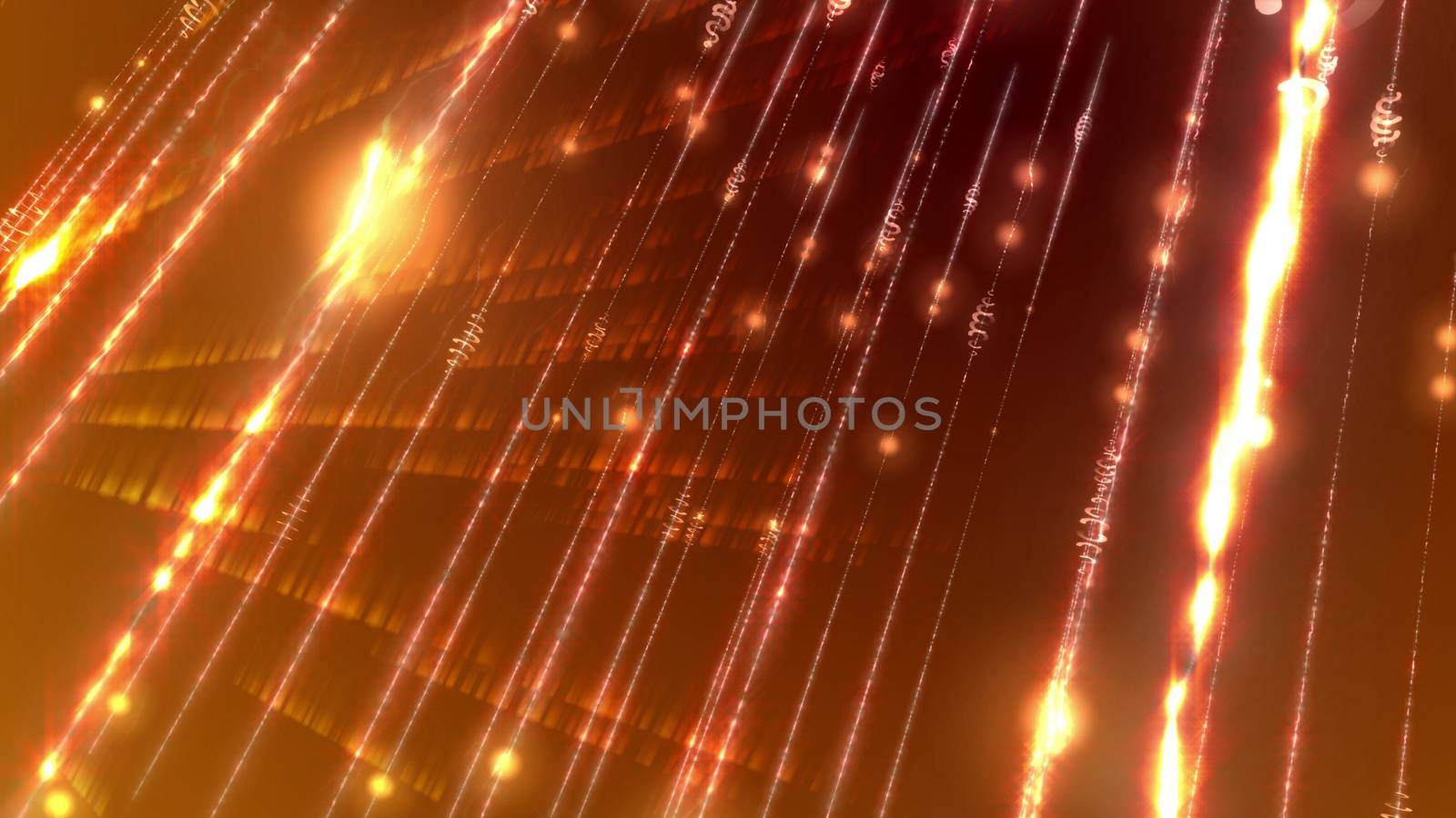 Shimmering 3d rendering of a sci-fi cyberspace with radiance, rays, plazmoids, spots,spirals, curves, arcs, united in a number of beaming grids shot askew in the dark  golden cyberspace background