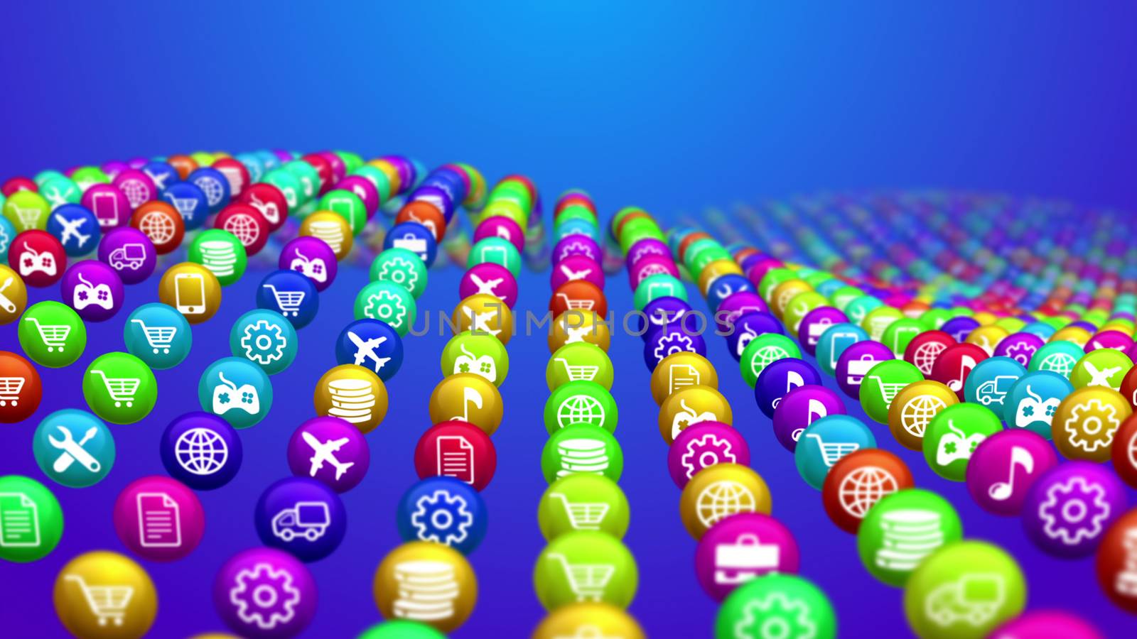 Splendid 3d rendering of social media services in round balls shaping concave surface. All balls are covered with funny buttons offering different business services in the blue background