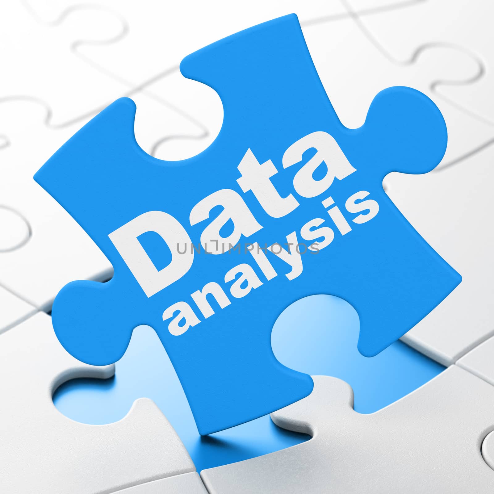 Data concept: Data Analysis on Blue puzzle pieces background, 3D rendering