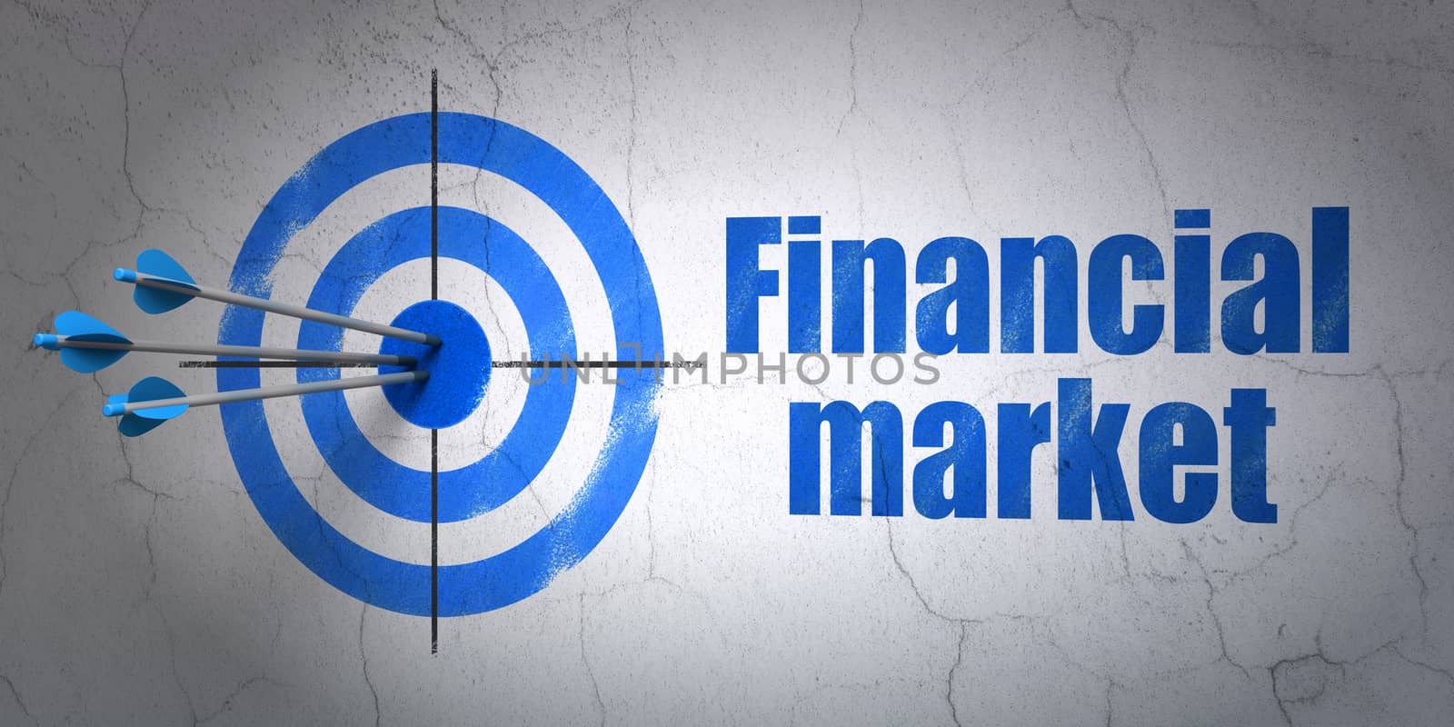 Success currency concept: arrows hitting the center of target, Blue Financial Market on wall background, 3D rendering