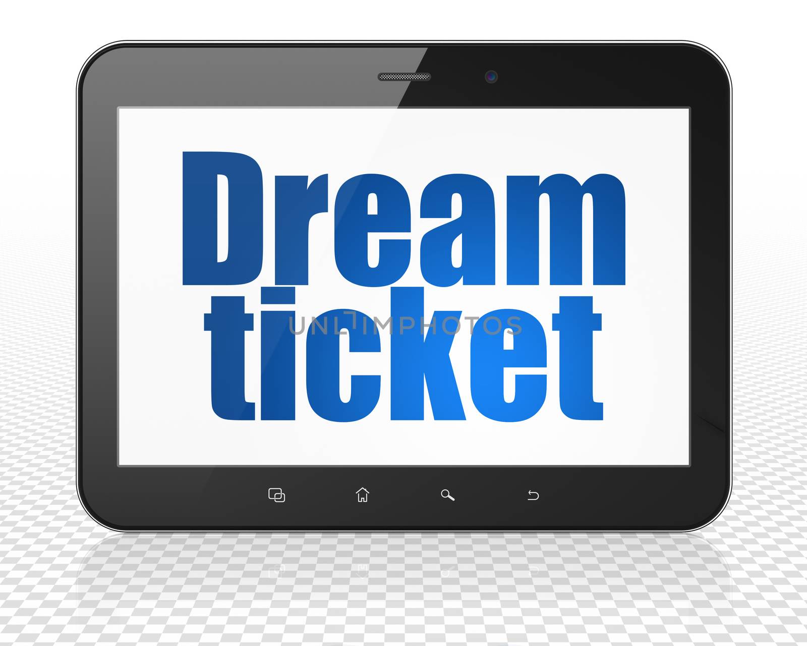 Business concept: Tablet Pc Computer with blue text Dream Ticket on display, 3D rendering