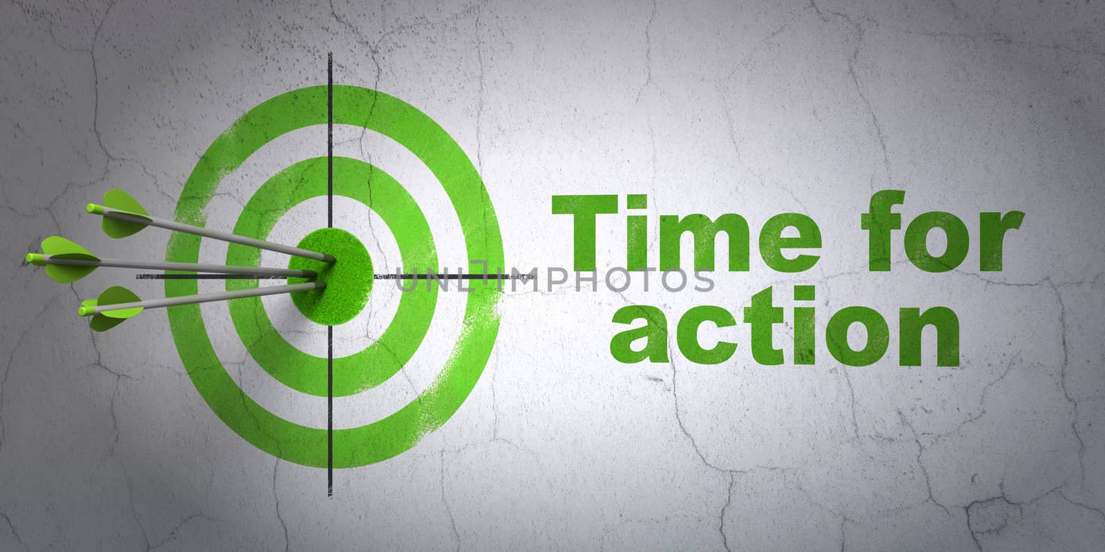 Success time concept: arrows hitting the center of target, Green Time for Action on wall background, 3D rendering