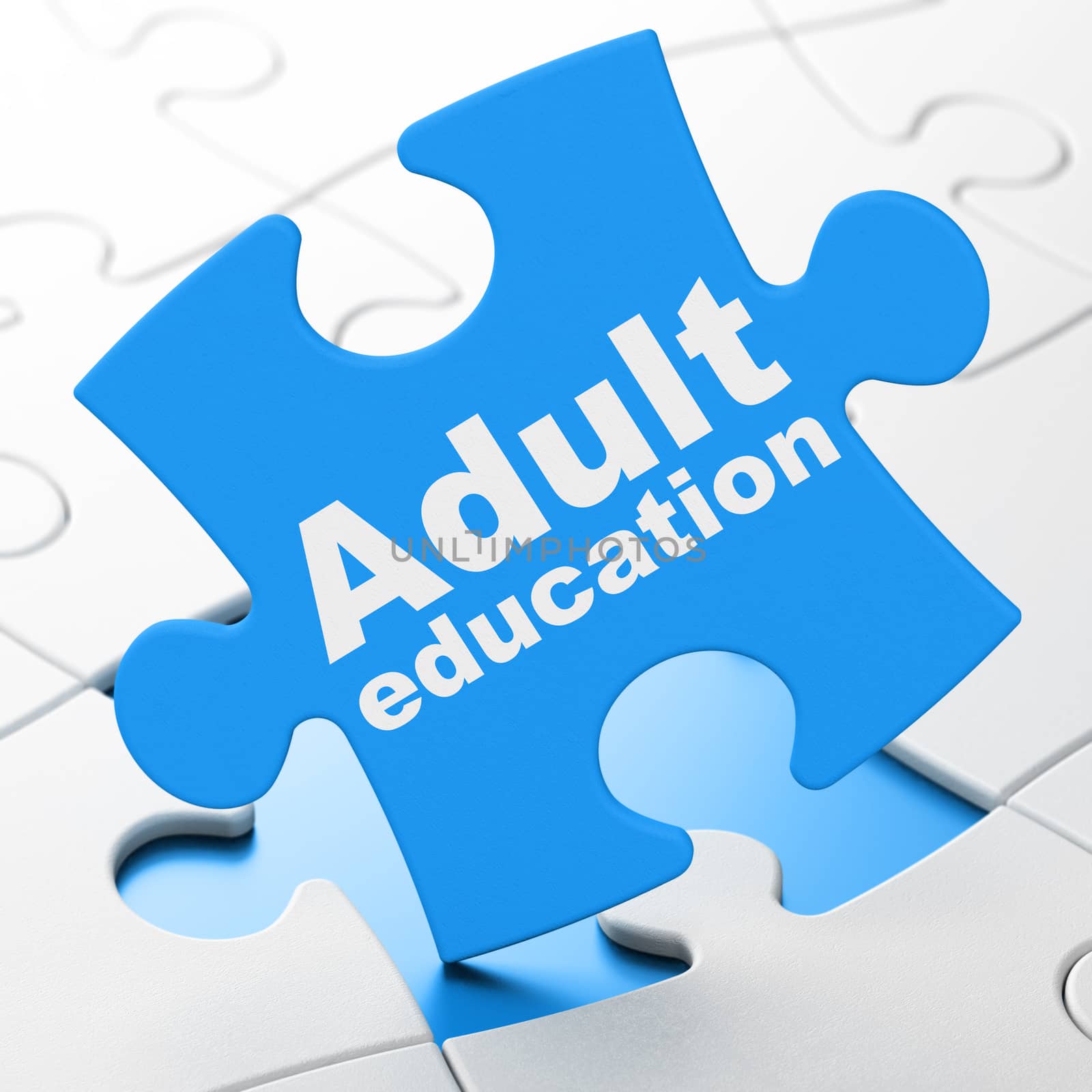 Learning concept: Adult Education on Blue puzzle pieces background, 3D rendering