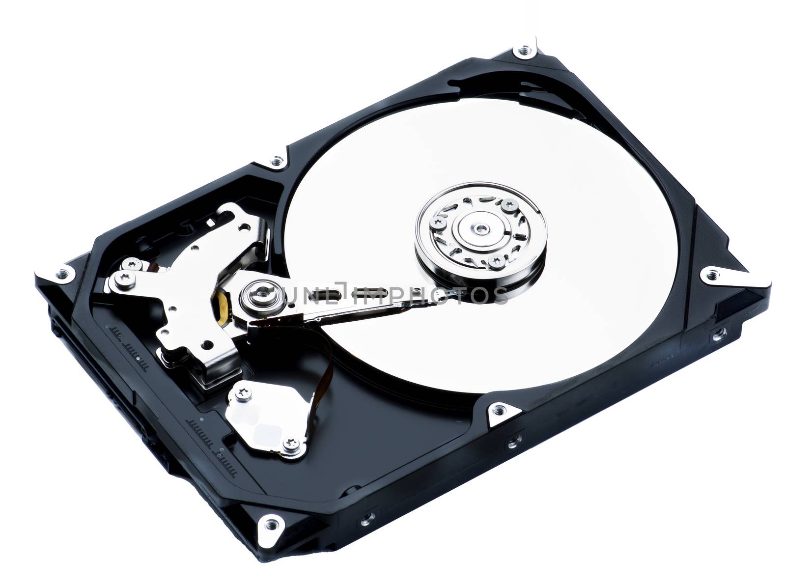 Opened Computer Hard Disk Drive closeup on White background