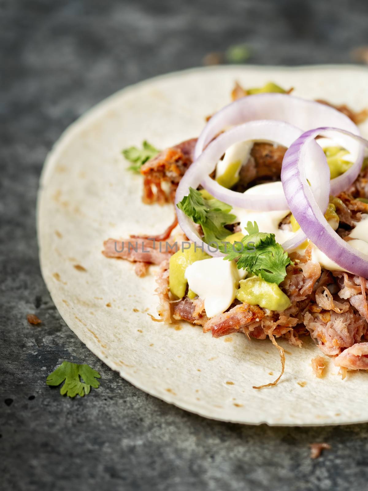 close up of rustic mexican american pulled pork tacos