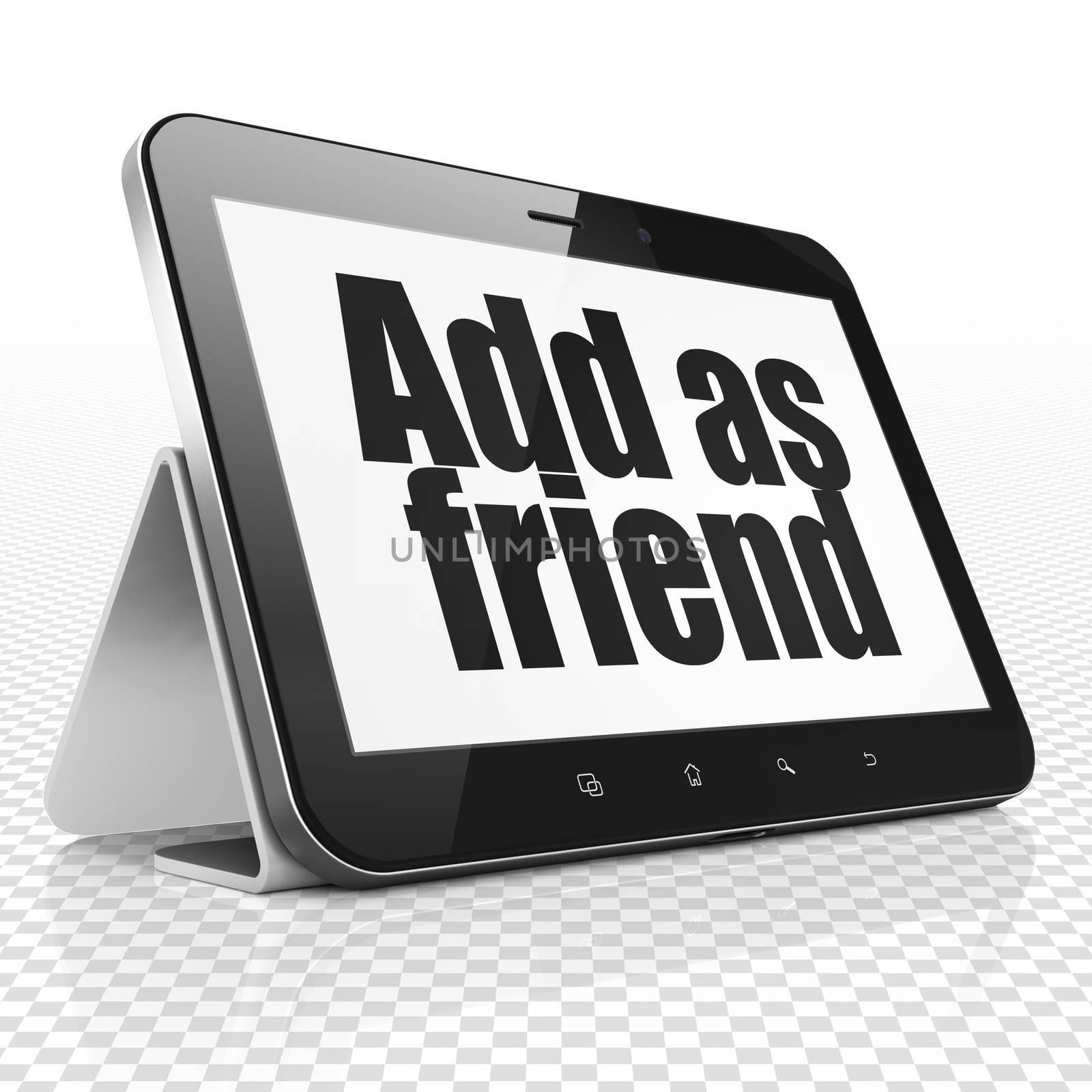 Social network concept: Tablet Computer with black text Add as Friend on display, 3D rendering