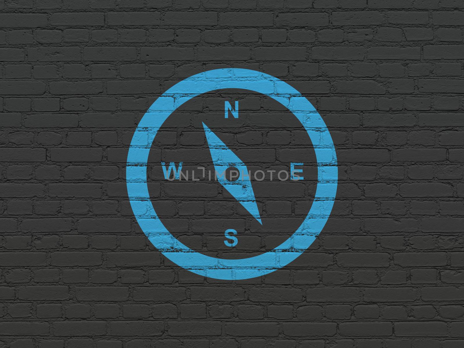 Tourism concept: Painted blue Compass icon on Black Brick wall background