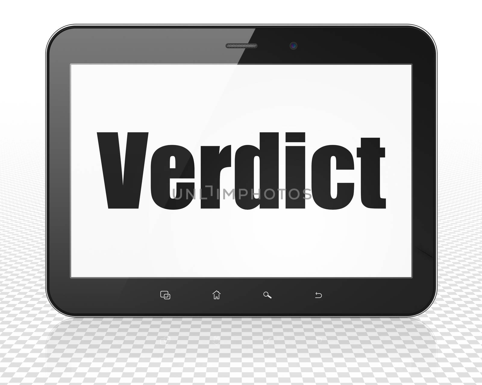 Law concept: Tablet Pc Computer with black text Verdict on display, 3D rendering