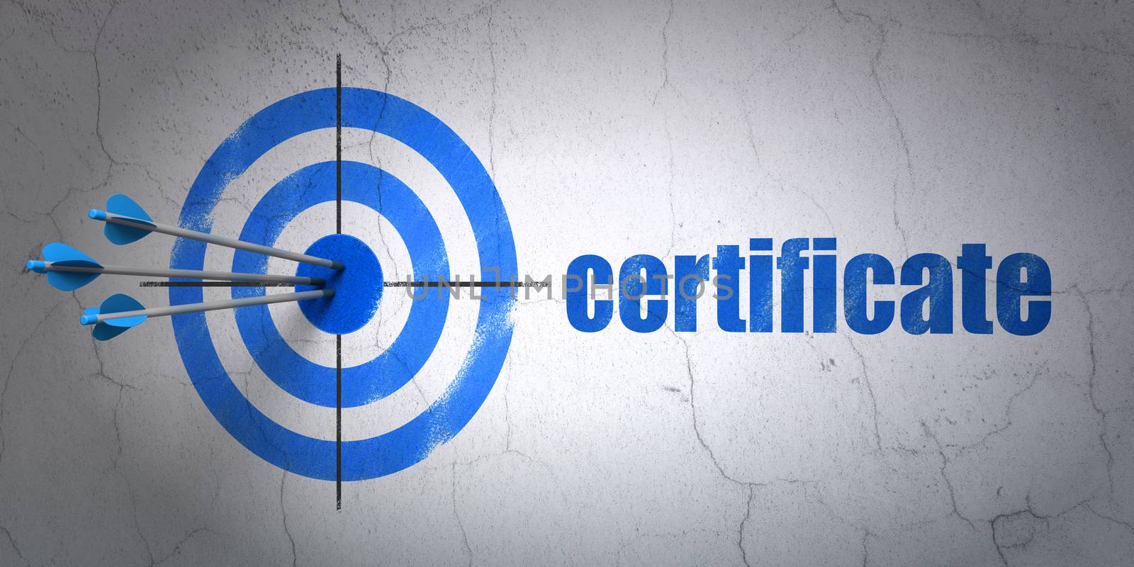 Success law concept: arrows hitting the center of target, Blue Certificate on wall background, 3D rendering