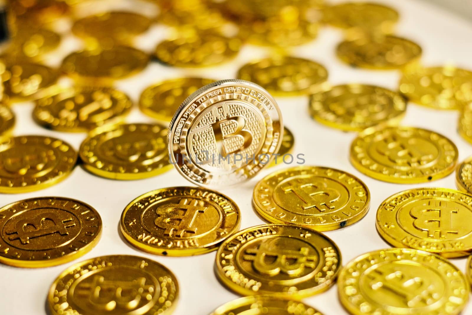 Cryptocurrency physical metal bitcoin coin. Digital currency virtual money concept.
