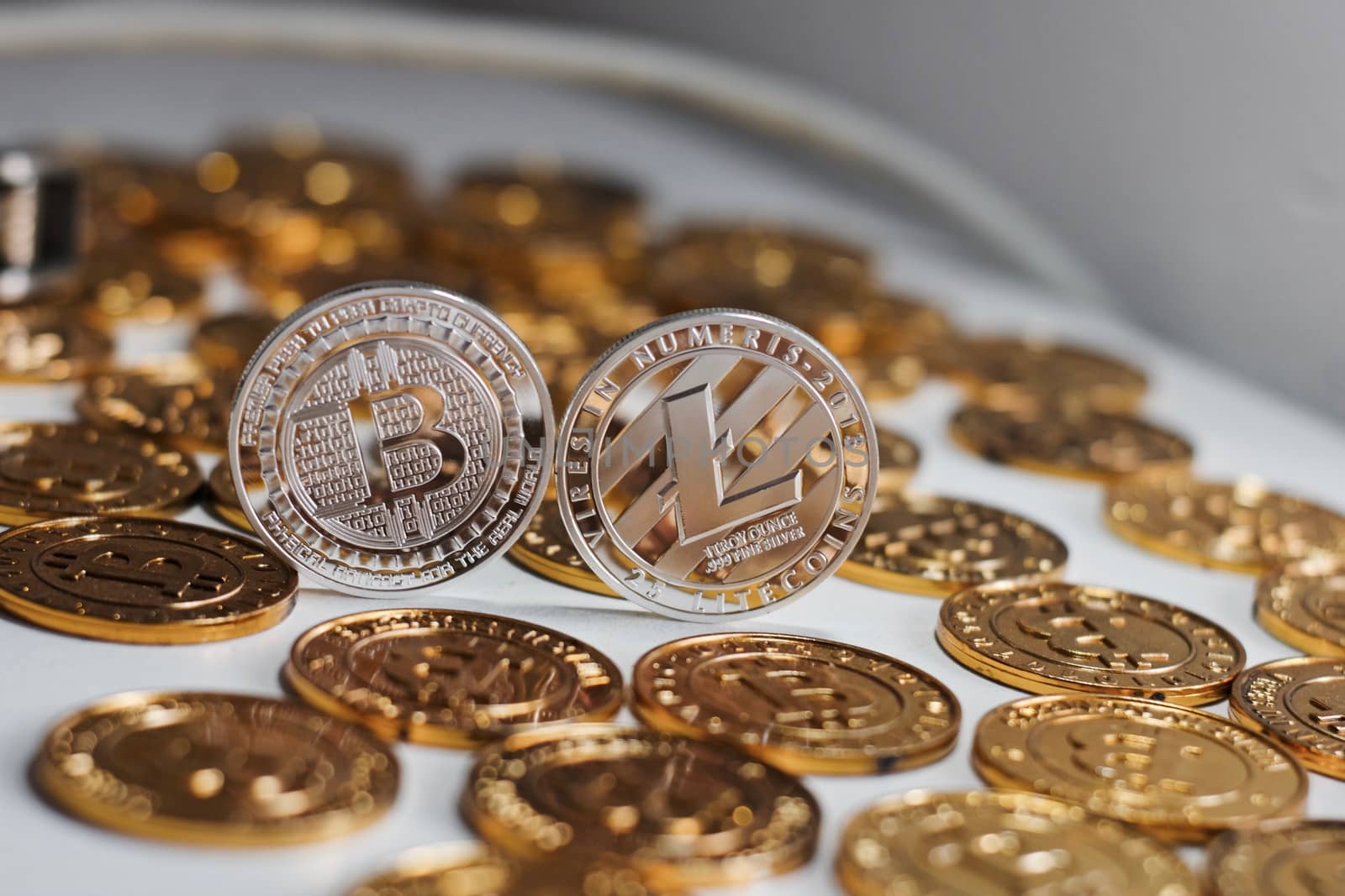 Cryptocurrency physical metal bitcoin coin. Digital currency virtual money concept.
