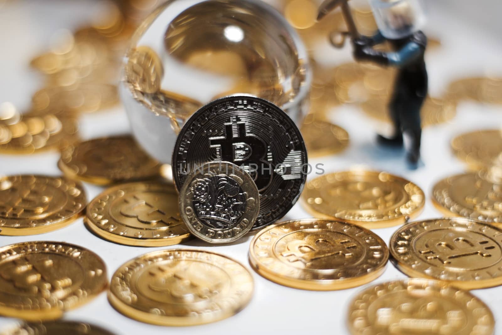 Cryptocurrency physical metal bitcoin coin. Digital currency virtual money concept.