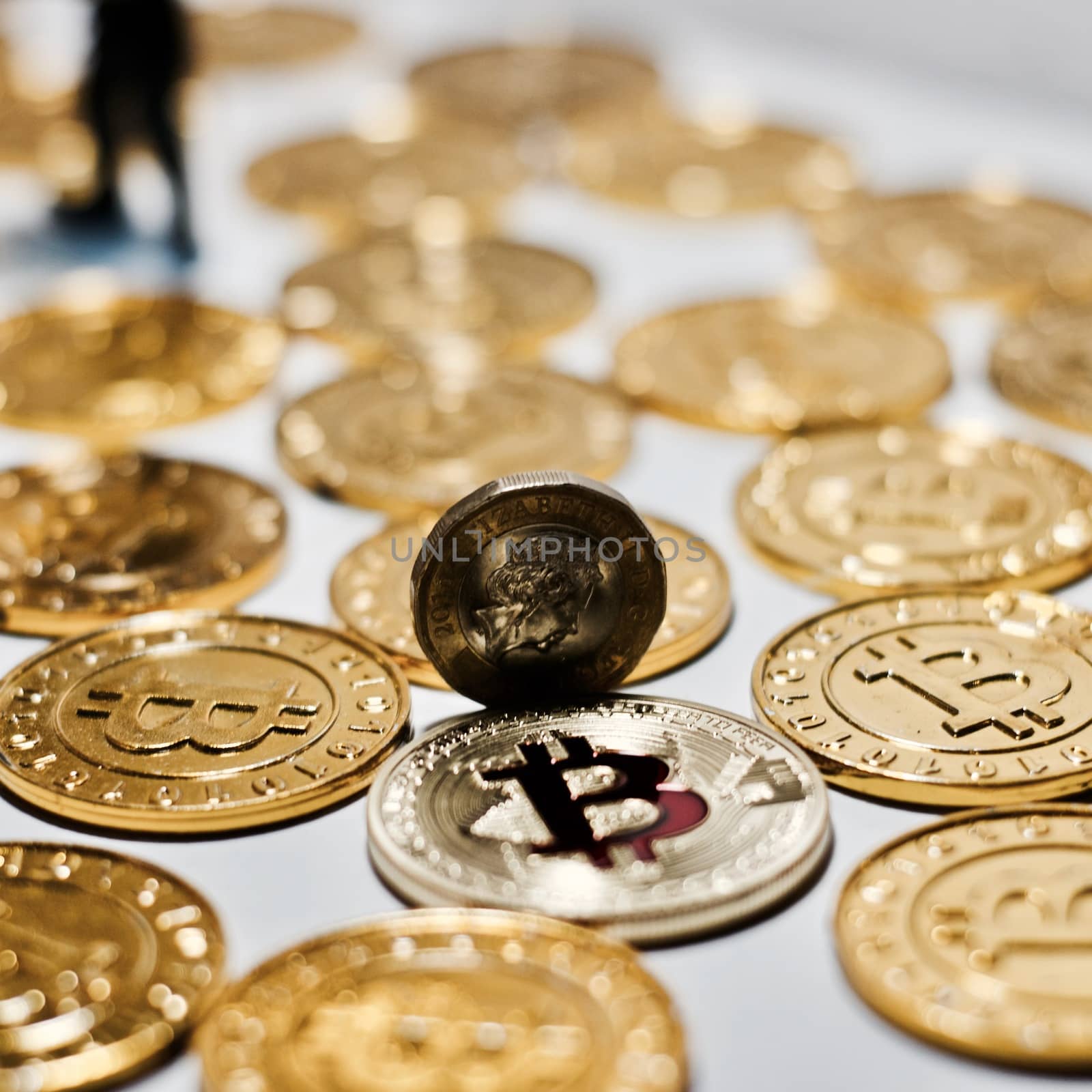 Cryptocurrency physical metal bitcoin coin. Digital currency virtual money concept.