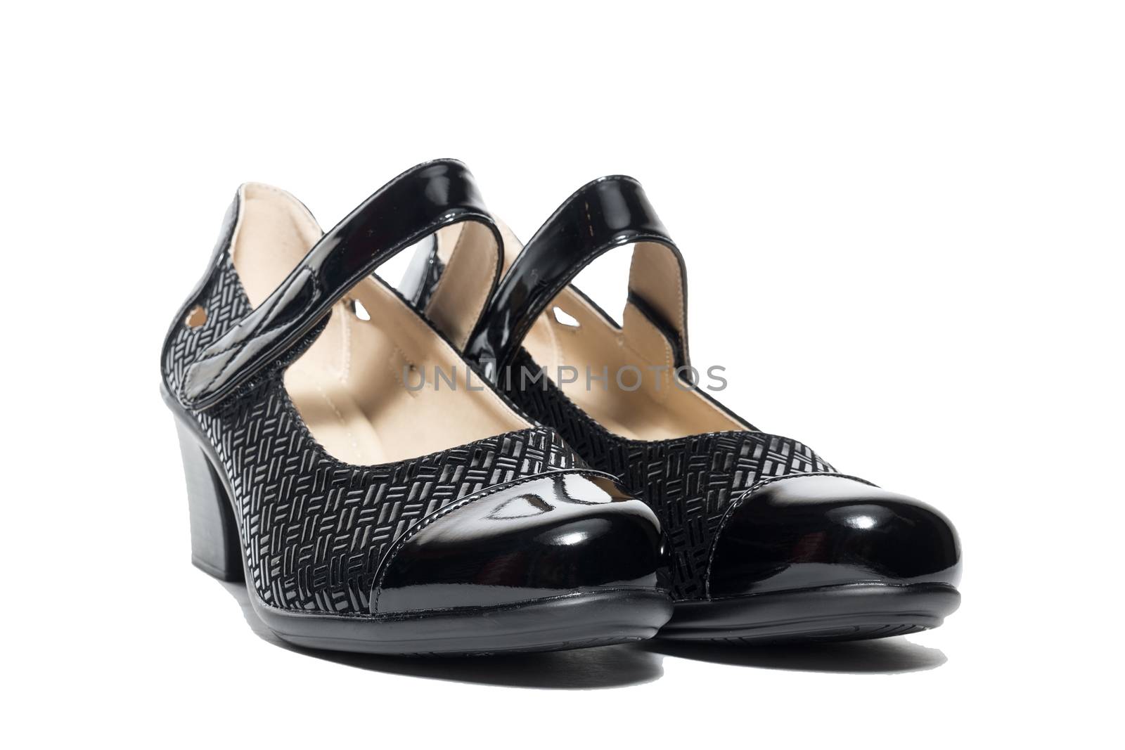 Black female shoes on a white background, isolated, studio