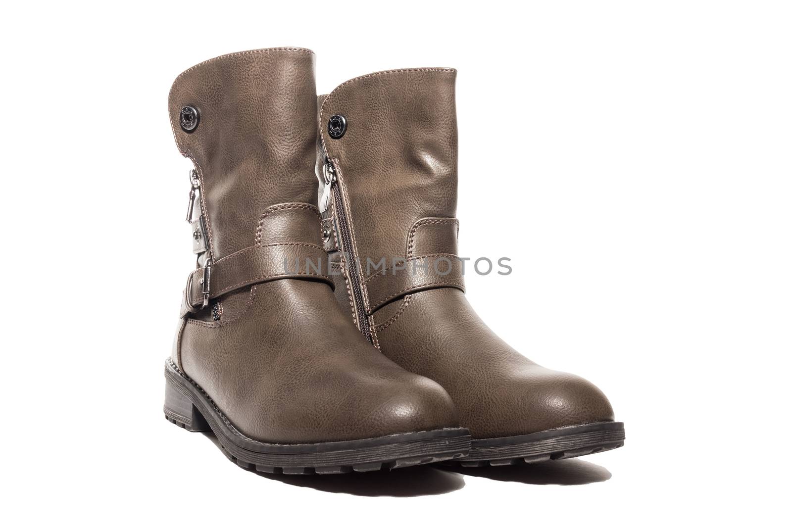 Female winter leather shoes on a white background, isolated, studio