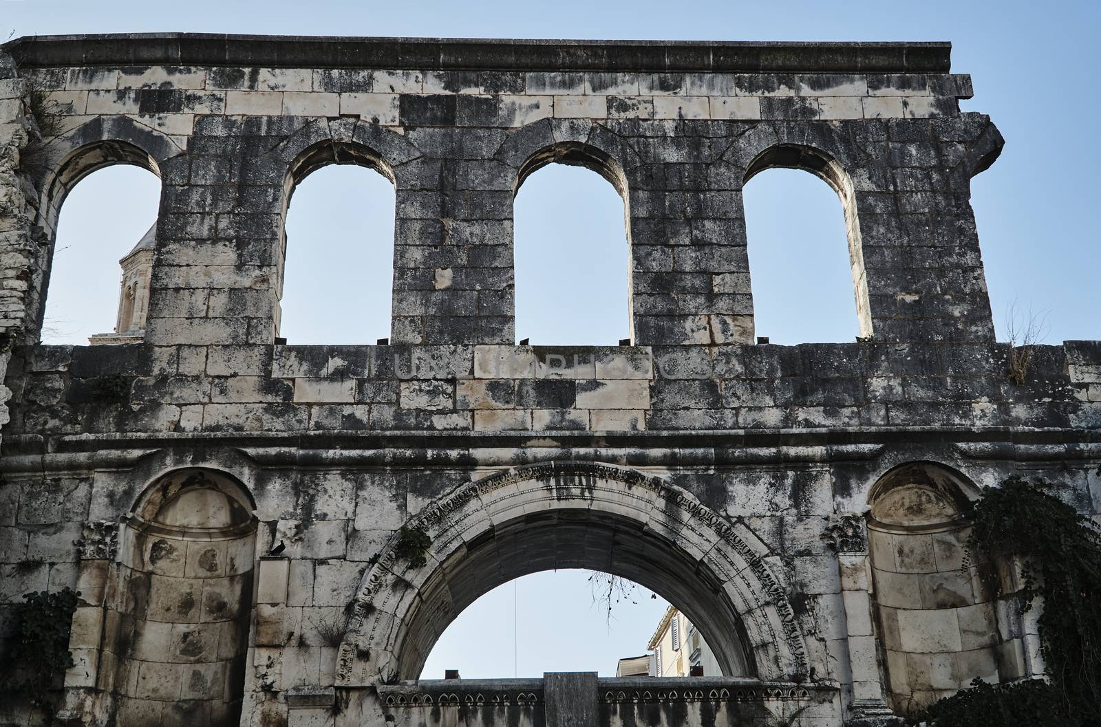 Fragment of ancient buildings of the Diocletian palace in the city of Split, Croatia