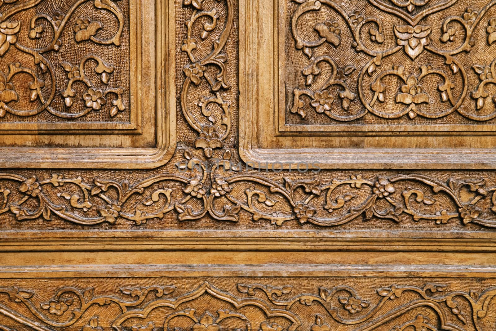 Close-up of a traditional carved wooden door, Uzbekistan