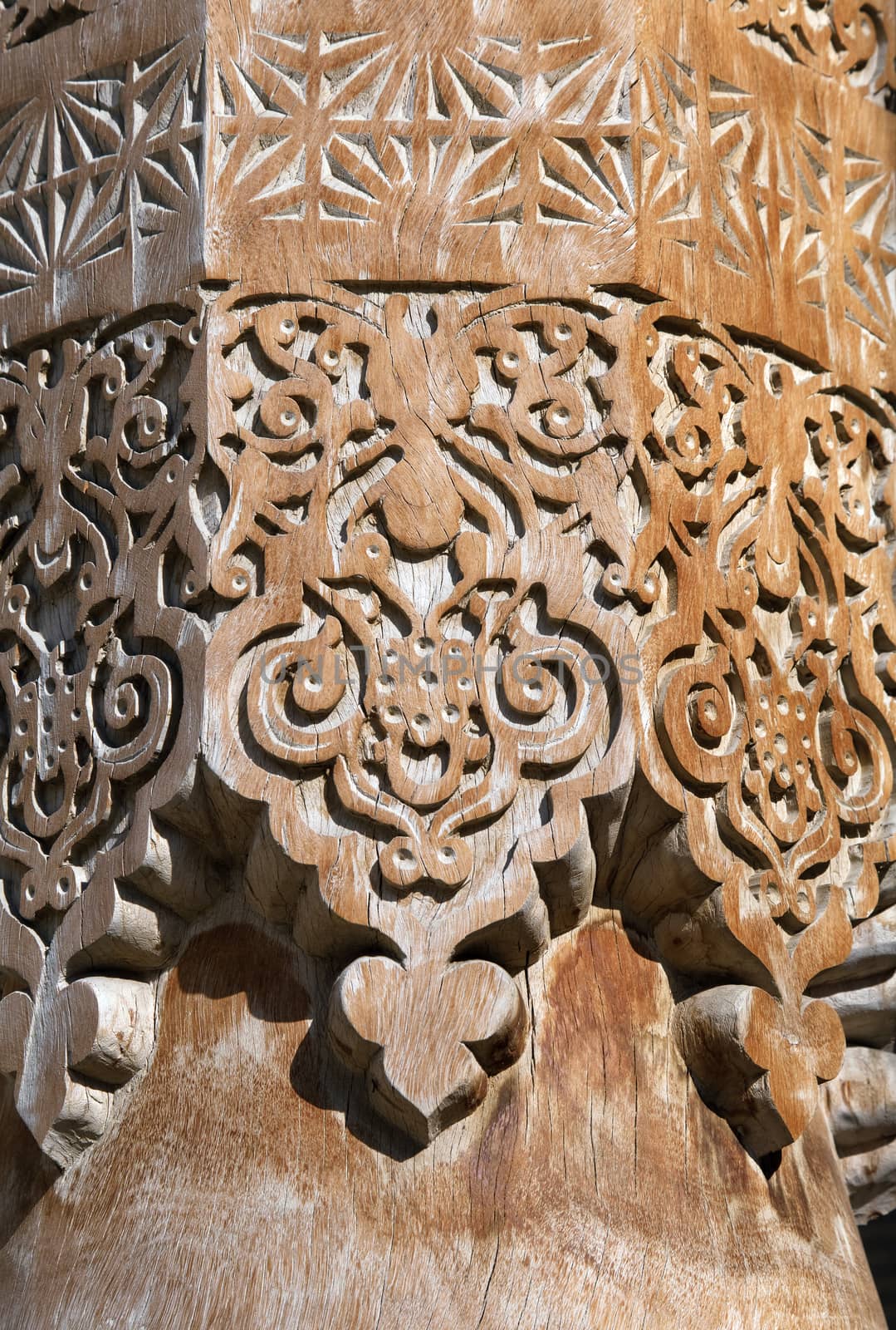 Detail of traditonal carved wooden column, Uzbekistan