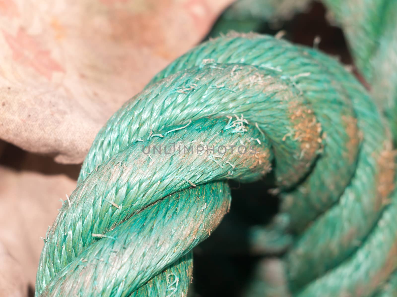 close up of green rope in dock yard; England; Essex
