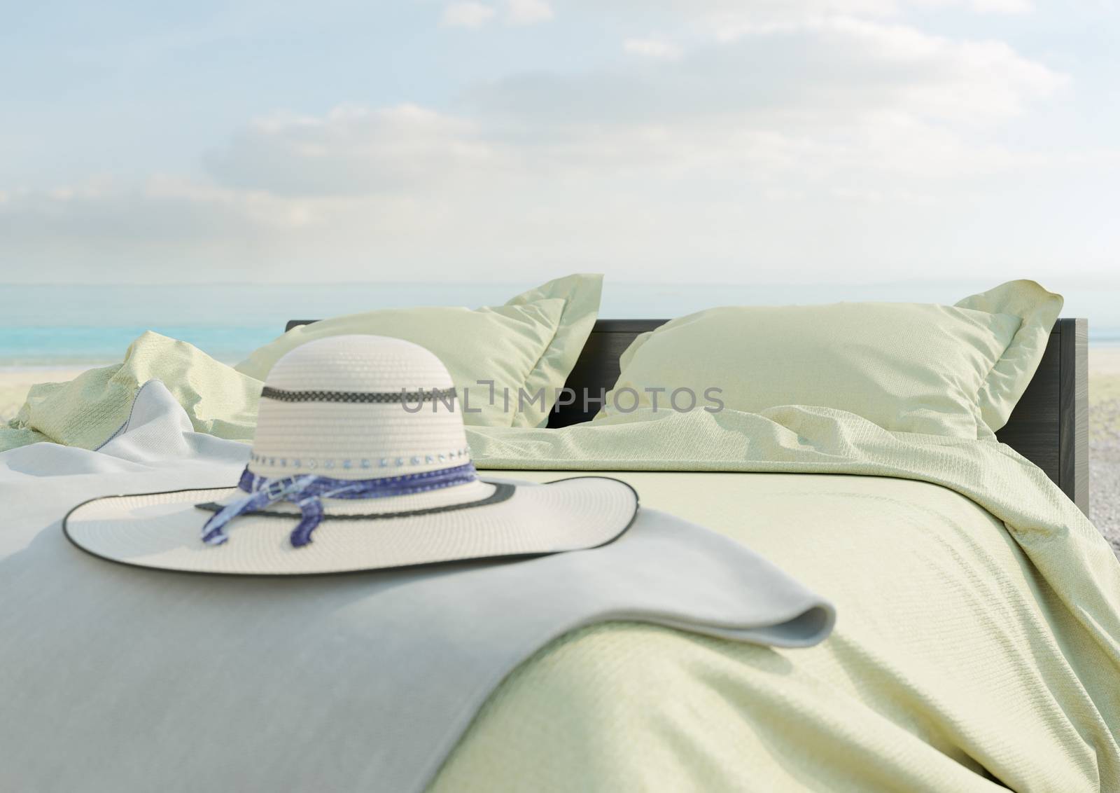 Beach lounge - bed with umbrella on Sea view for vacation and summer concept photo by denisgo