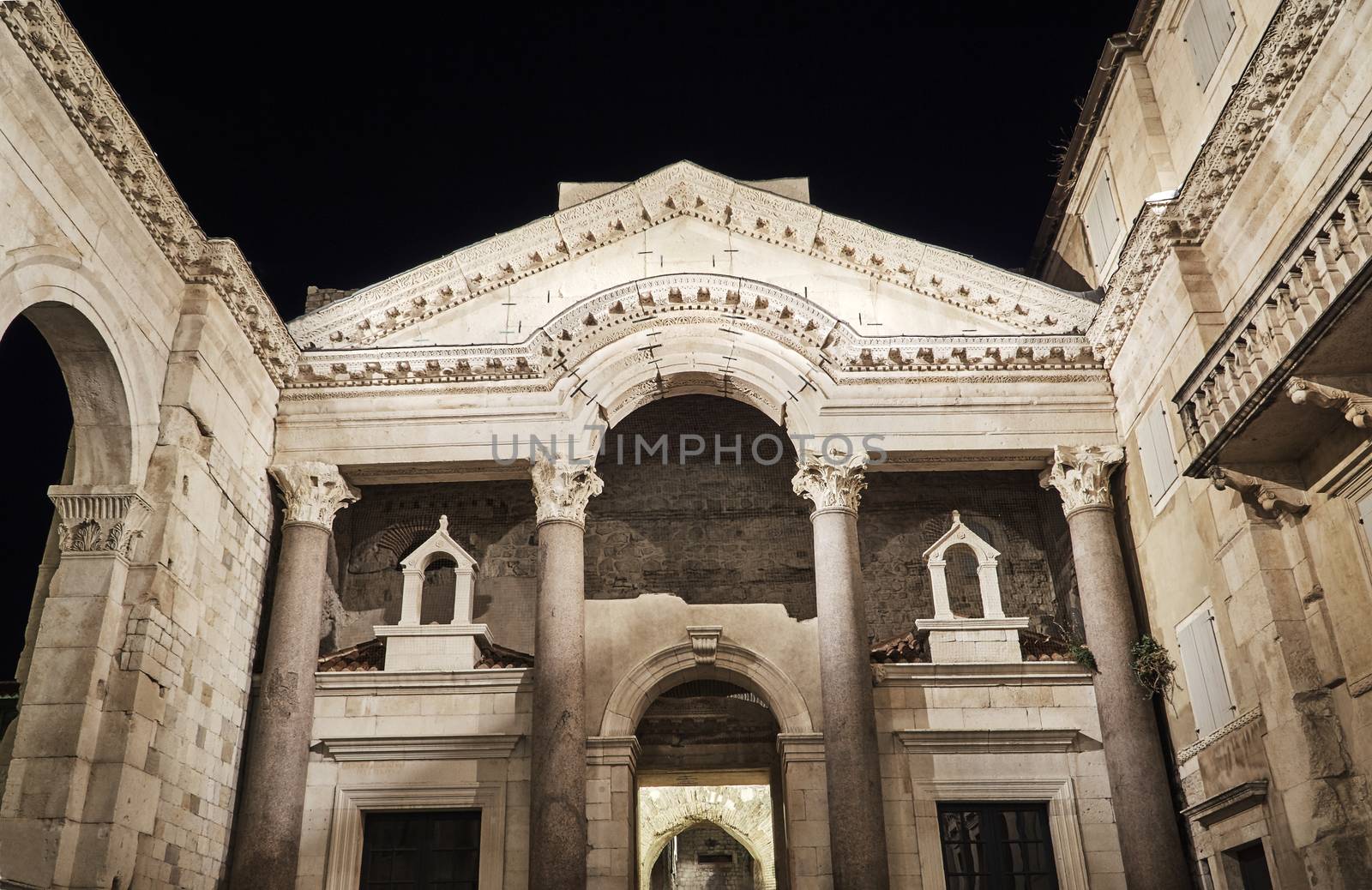 Stone buildings of the Diocletian palace in the city of Split, Croatia
