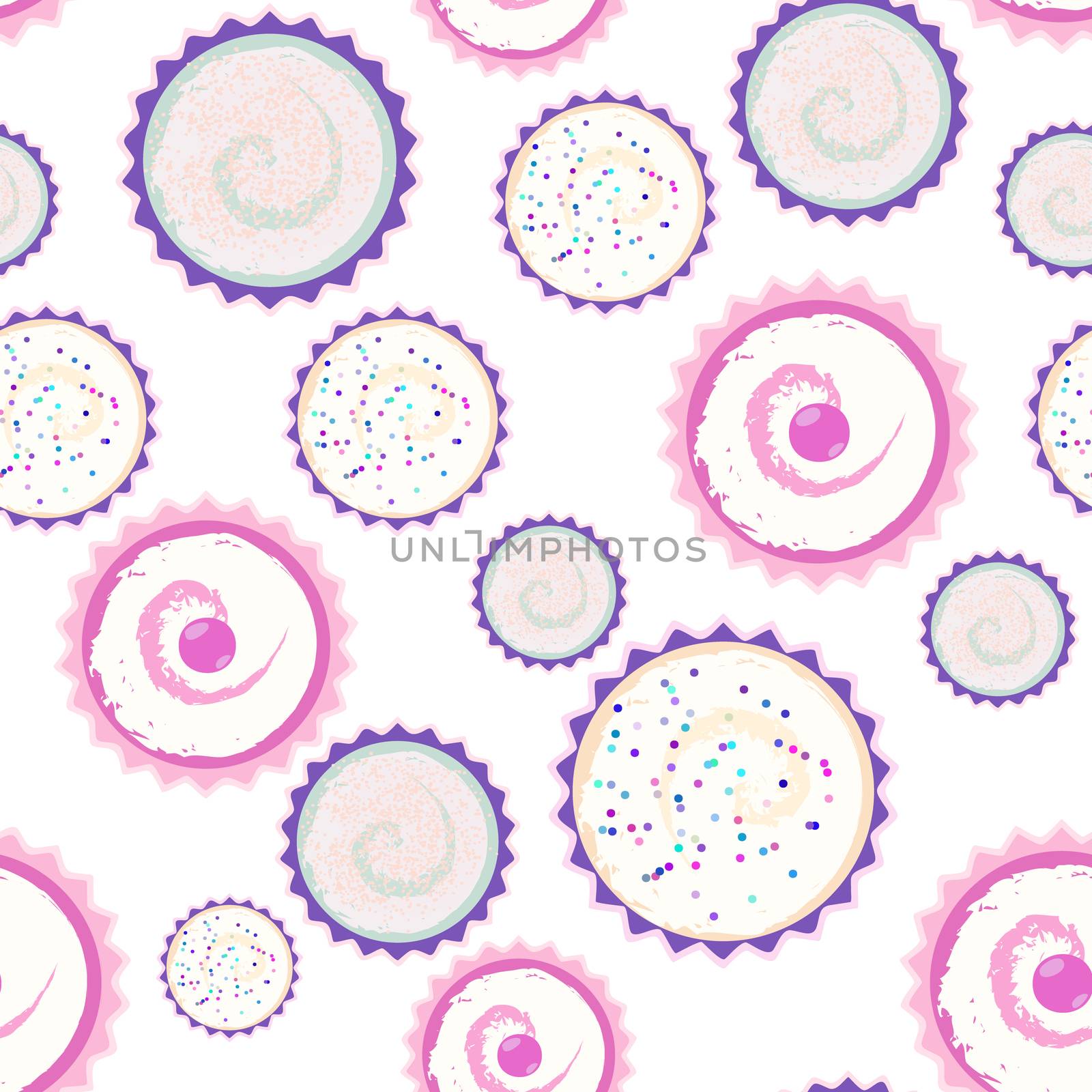 Sweet seamless cape cakes pattern with 3 different cakes on white background.