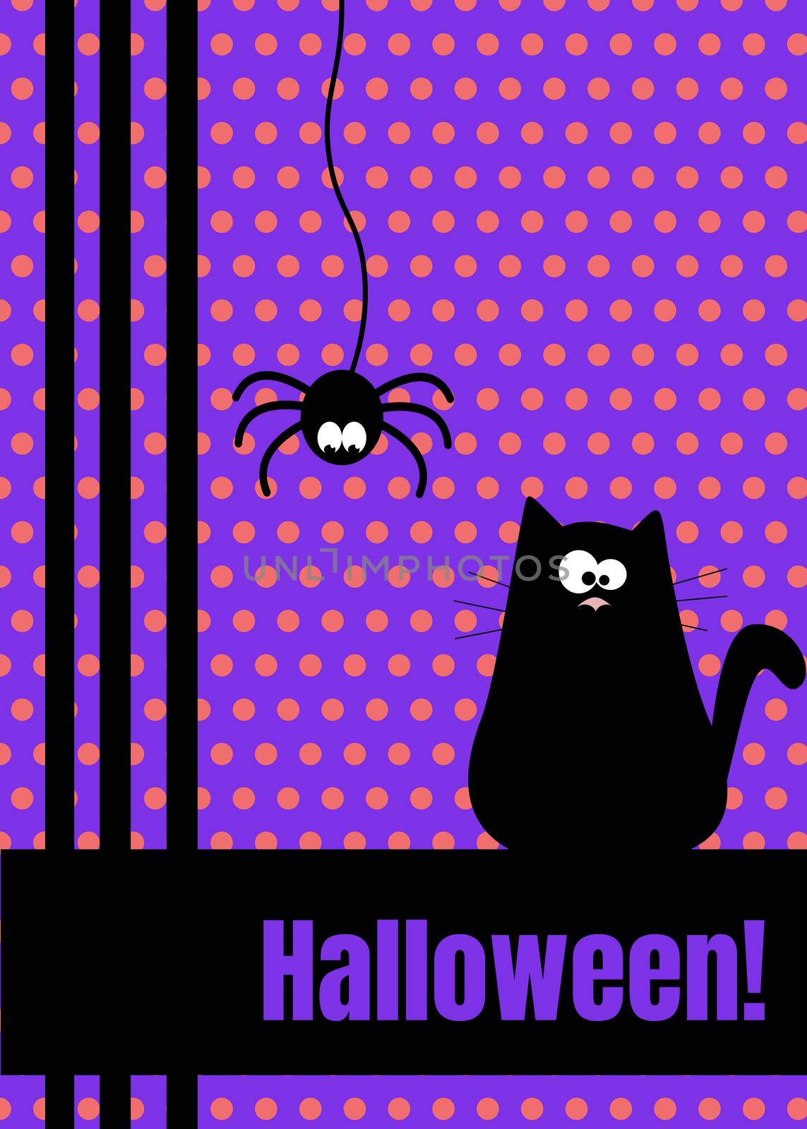 Happy Halloween greeting card with hanging on dash line web spider insect and black funny cat. Cute cartoon character. Flat design Violet purple polka dot background.