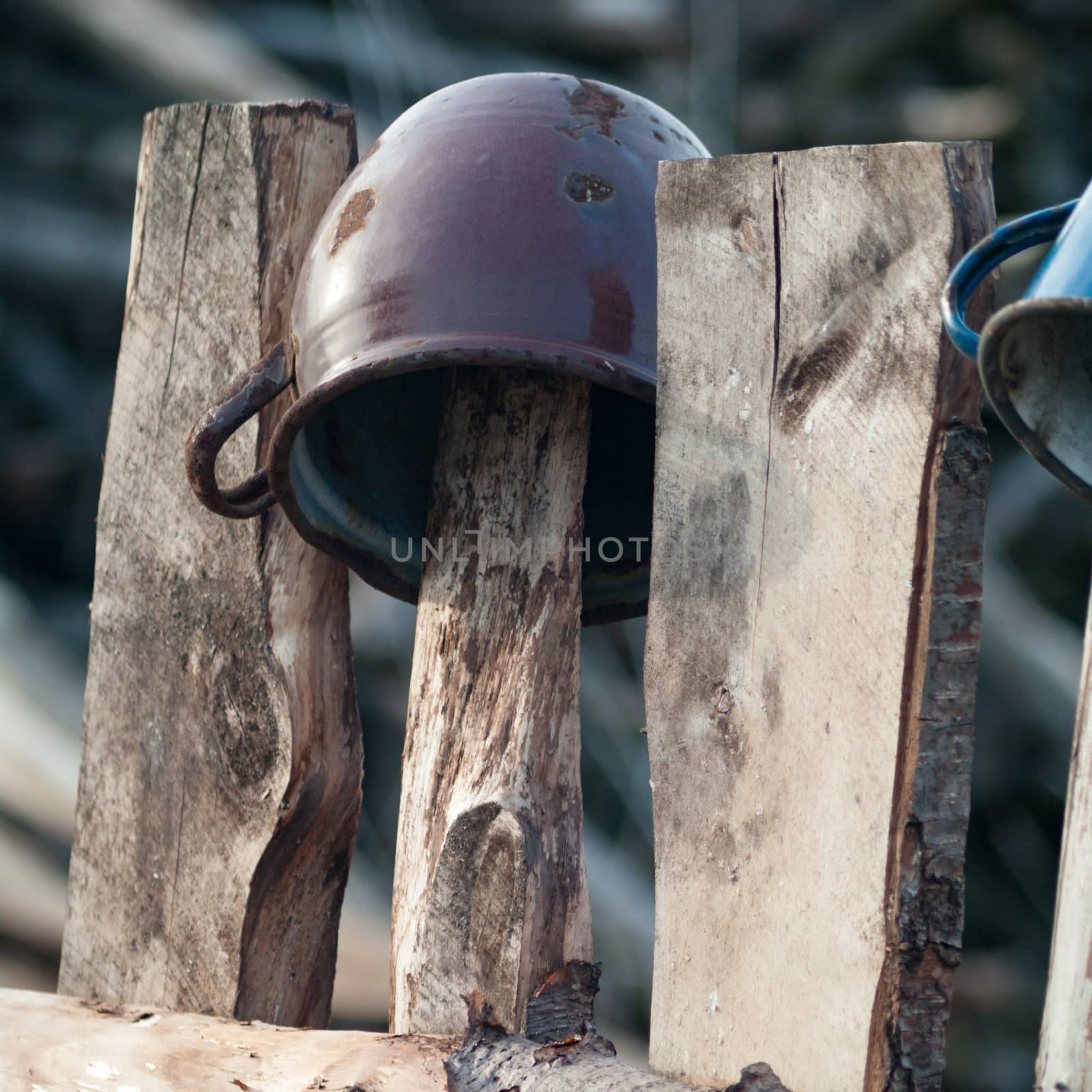 Old wooden boundary fence with nails on sunny day