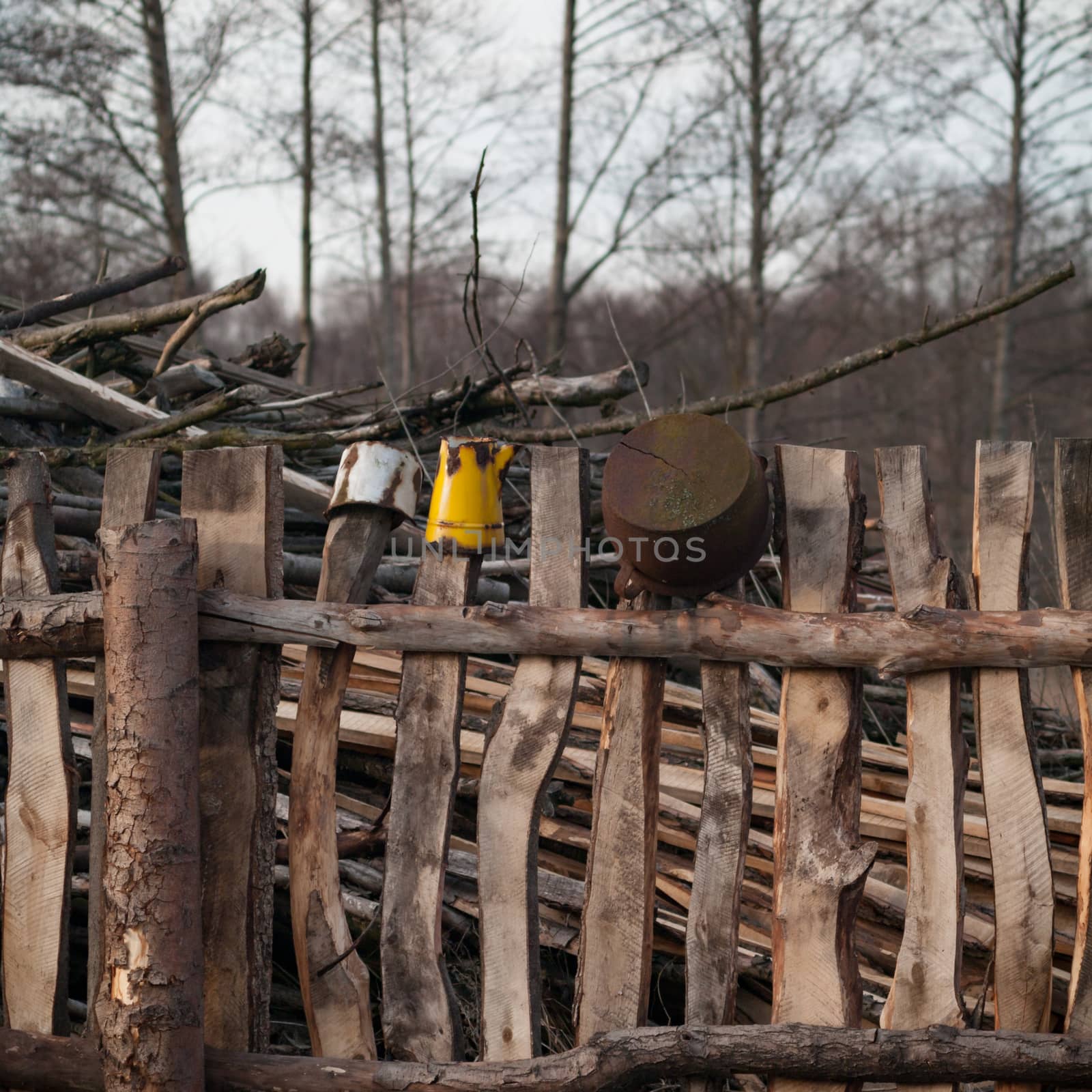 Old wooden boundary fence with nails on sunny day