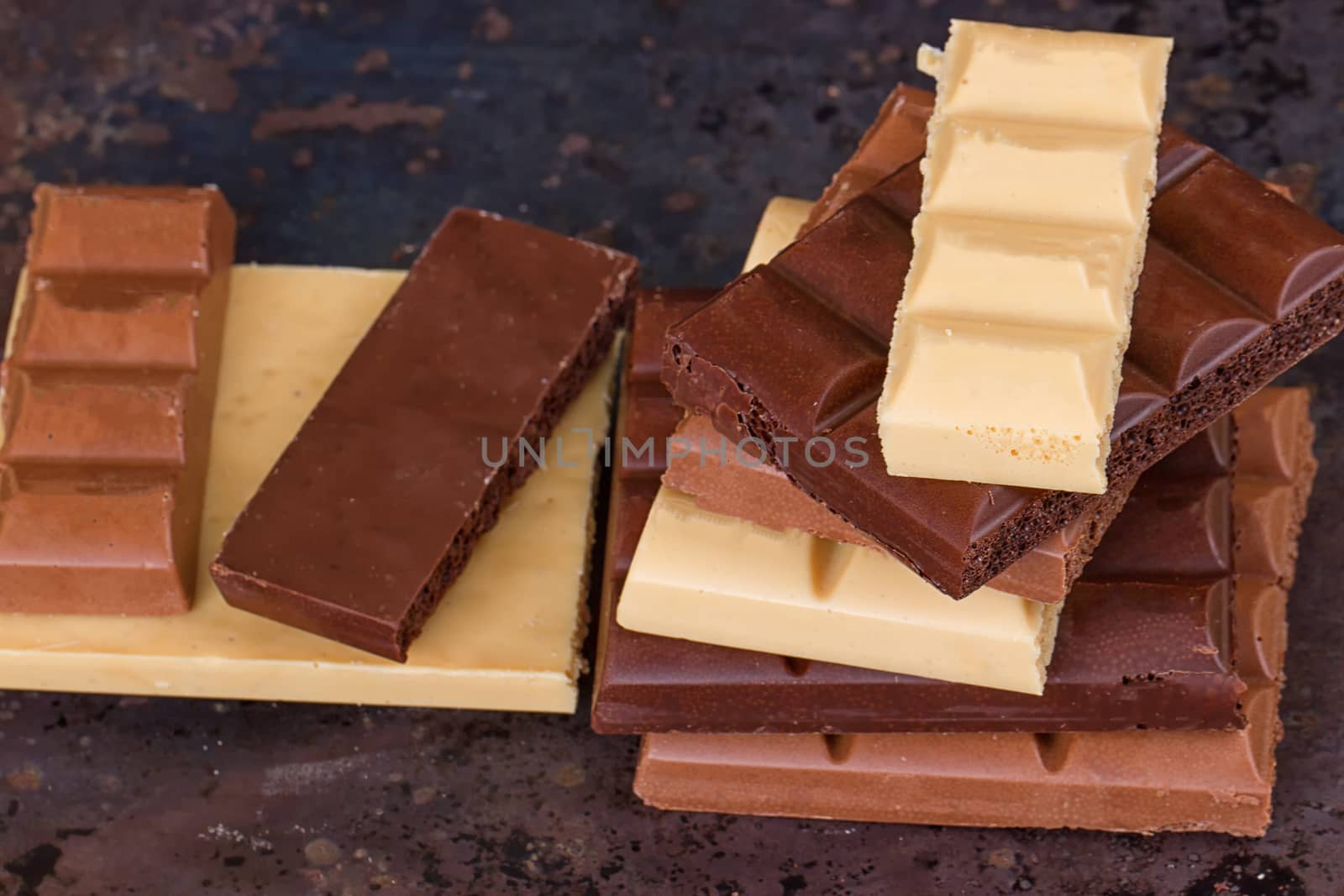 milk, dark and white chocolate bars by victosha