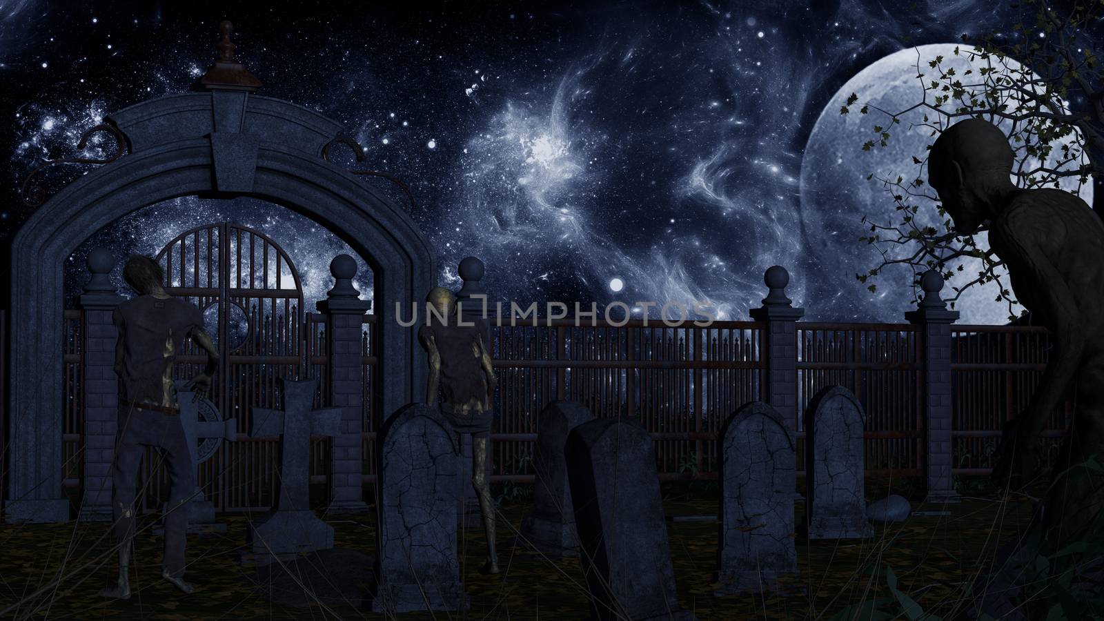 Zombies in spooky cemetery in blue night - 3d rendering