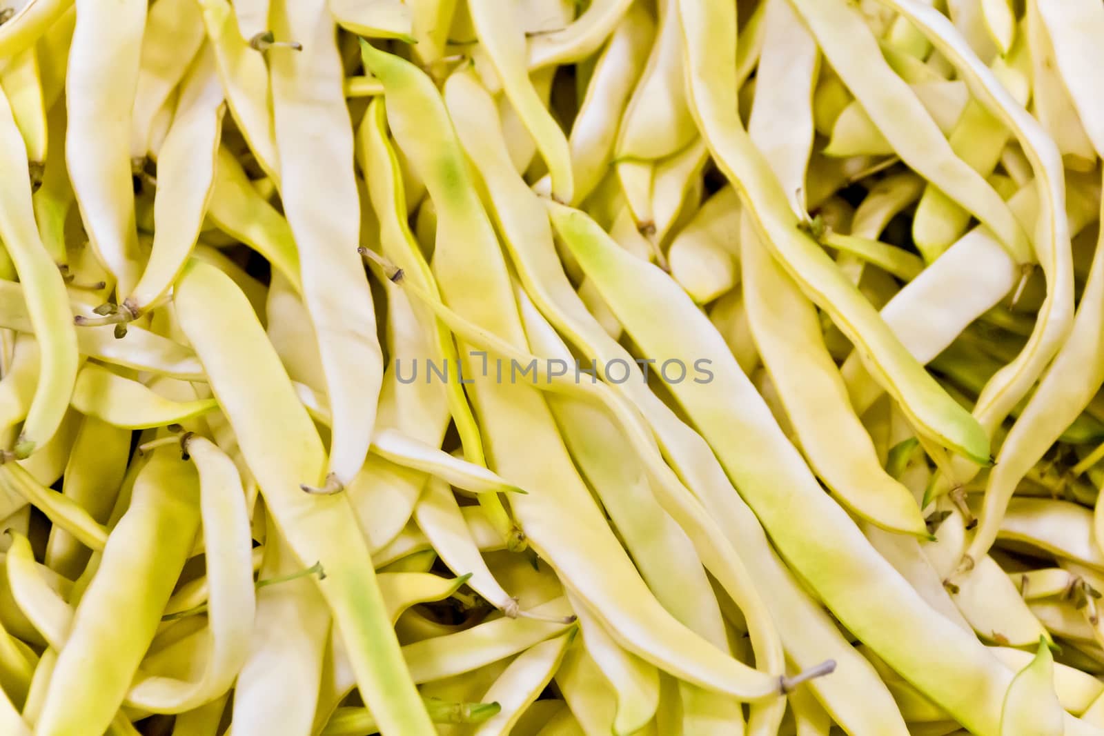 Background of yellow pods kidney beans on counter in market place