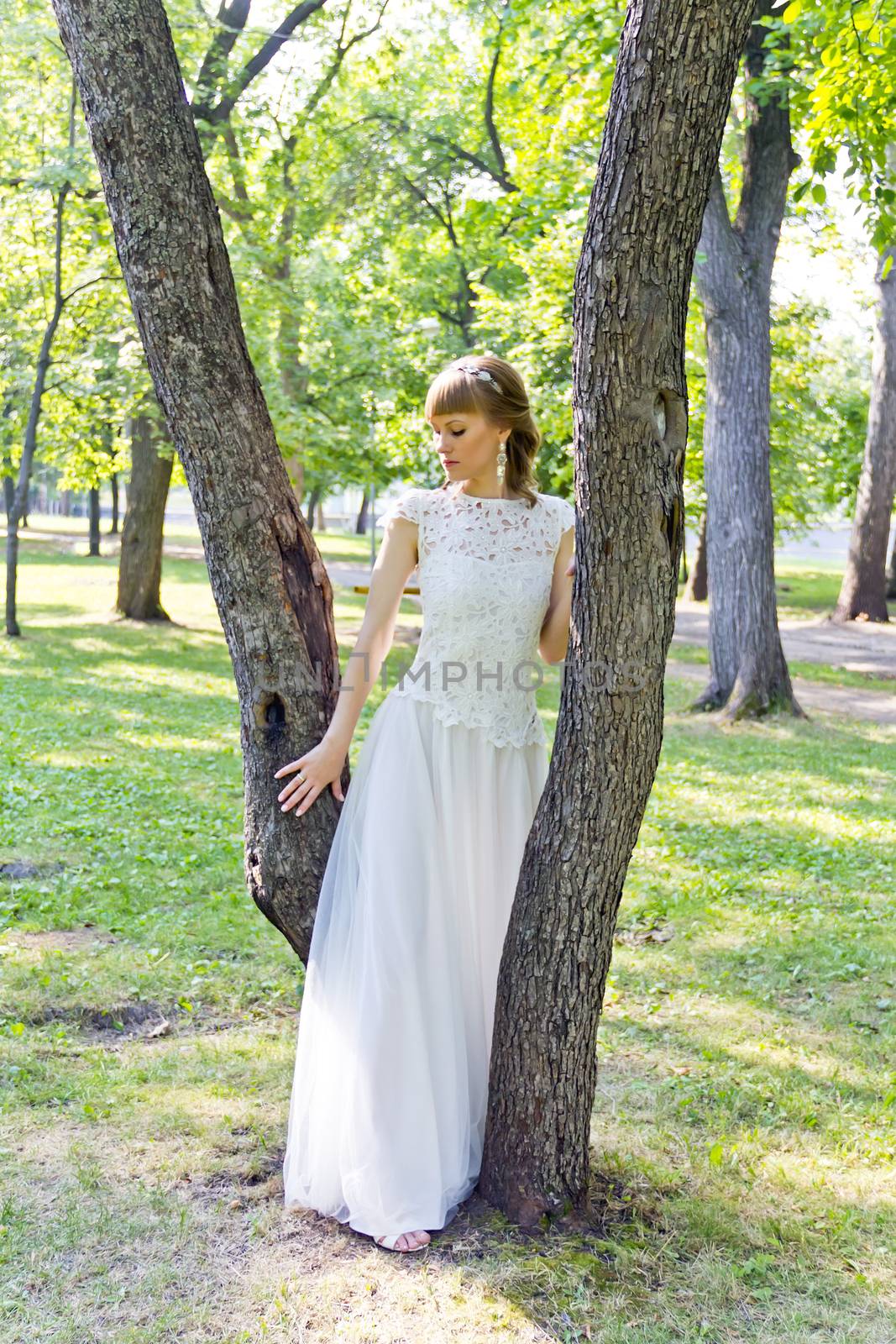 Bride in white lace dress standing near tree at the summer time