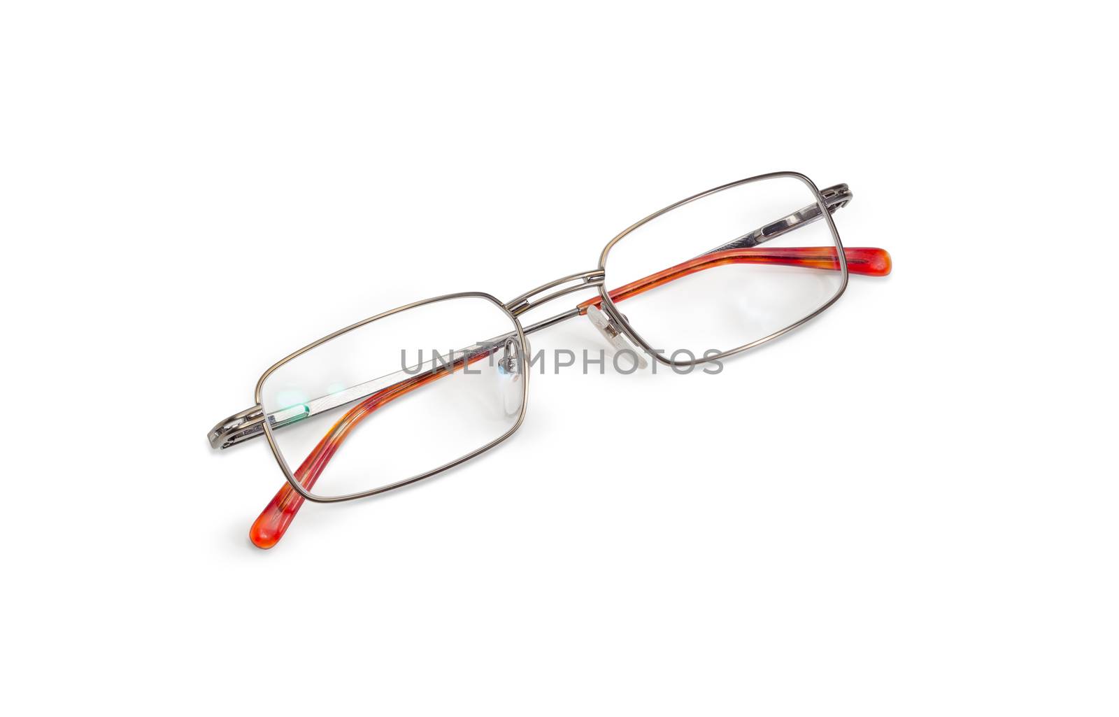 Modern pair of the classic mens eyeglasses in metal frame with folded glasses temples on a white background

