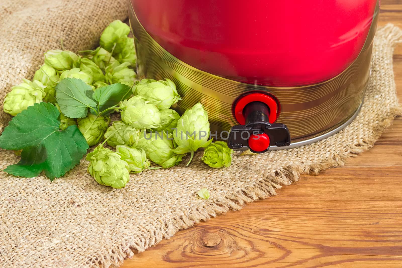 Fragment of the red disposable mini keg of beer with a built-in beer tap among of hop cones on sackcloth on wooden surface
