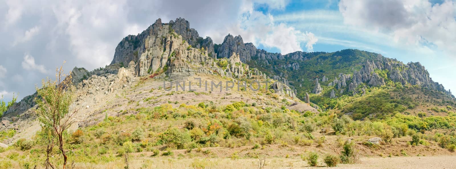 Panorama of the mountain with clusters of the weathered rocks and trees on a slopes on a background of the sky with clouds
