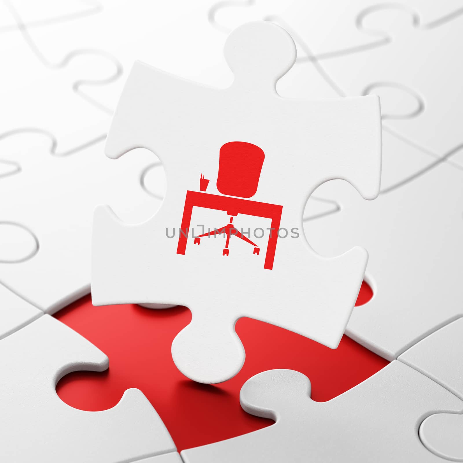 Business concept: Office on White puzzle pieces background, 3D rendering