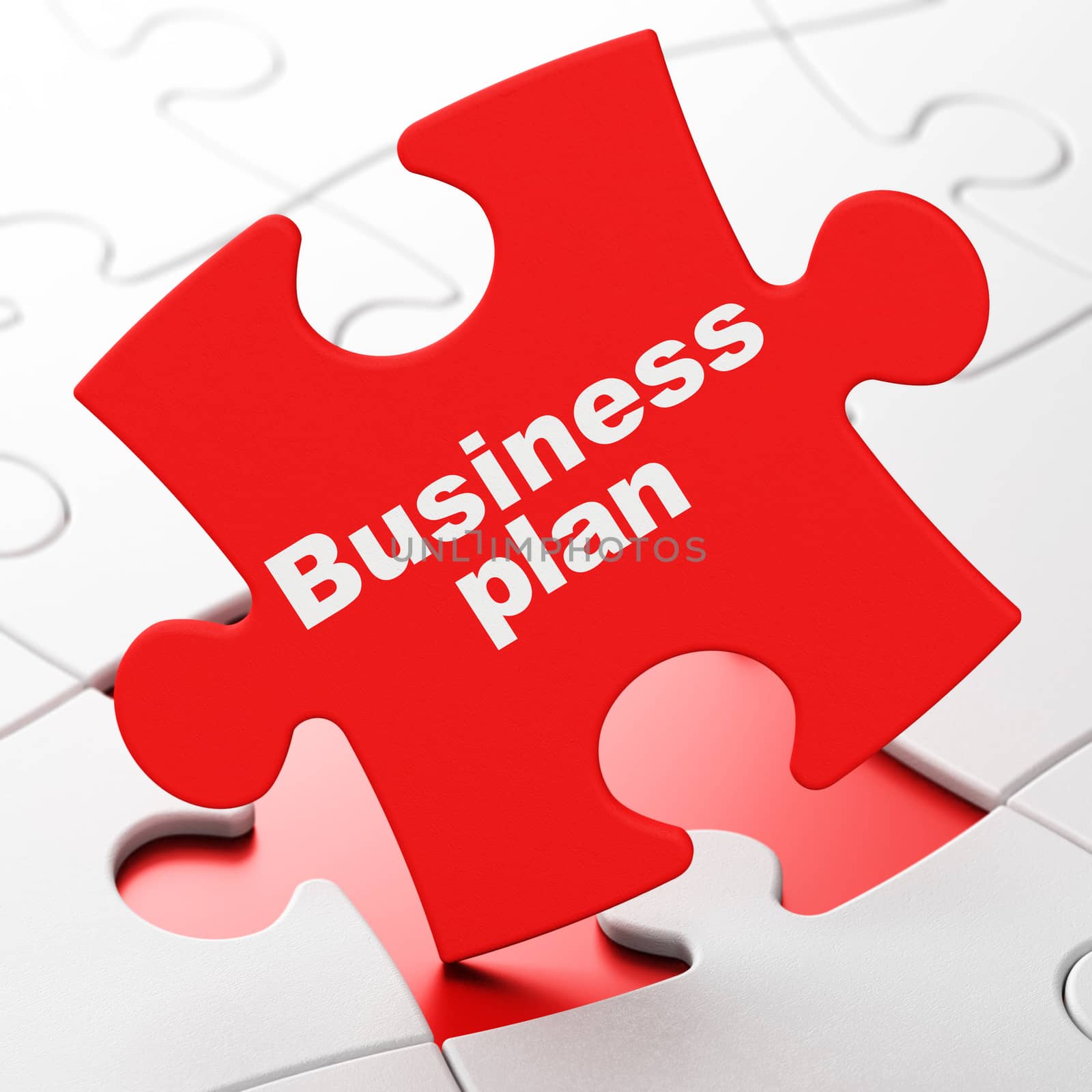 Business concept: Business Plan on Red puzzle pieces background, 3D rendering