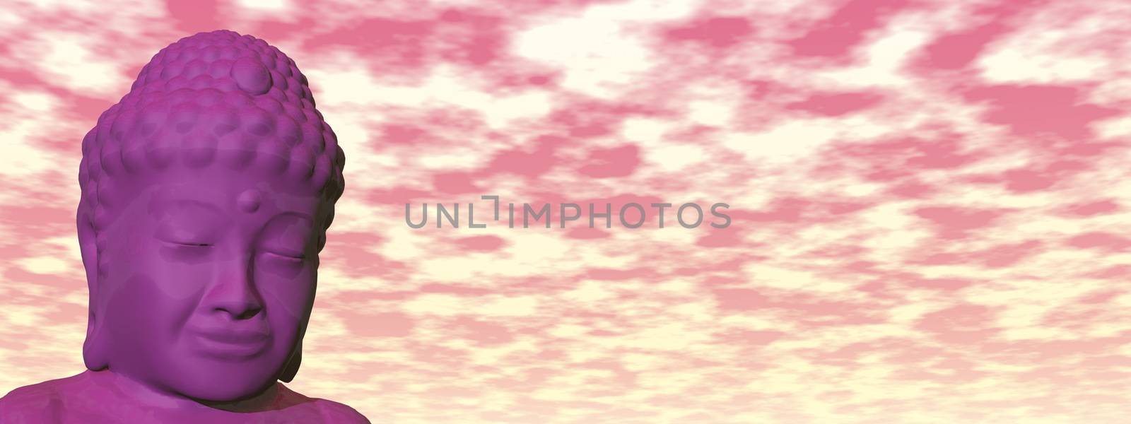 Buddha head meditating in cloudy colorful sky - 3D render