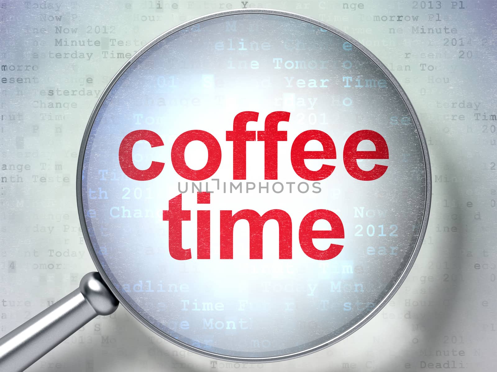 Timeline concept: magnifying optical glass with words Coffee Time on digital background, 3D rendering